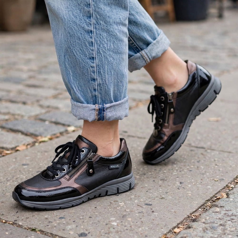 Mephisto Runoff Womens Sneakers Black Leather Patent Lace Up‎ Zip Shoes Size 9.5